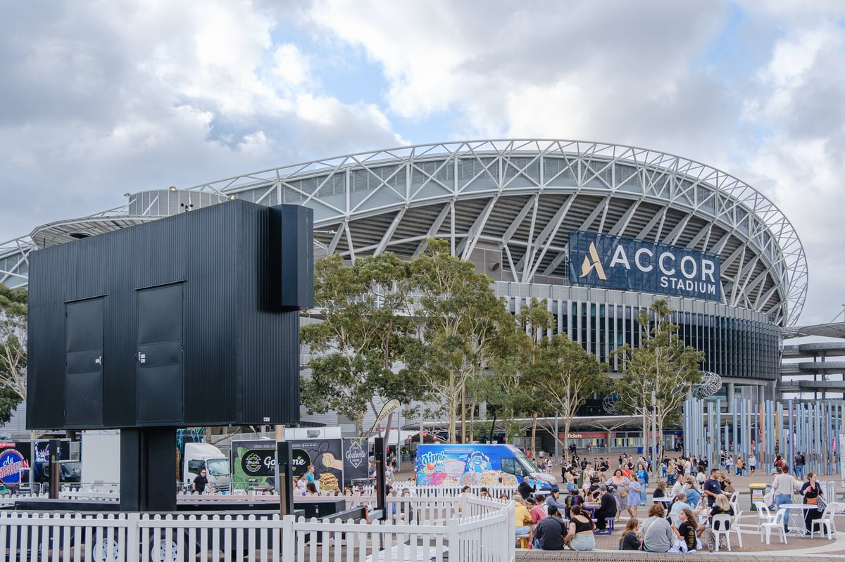 Outdoor film screen in front of stadium